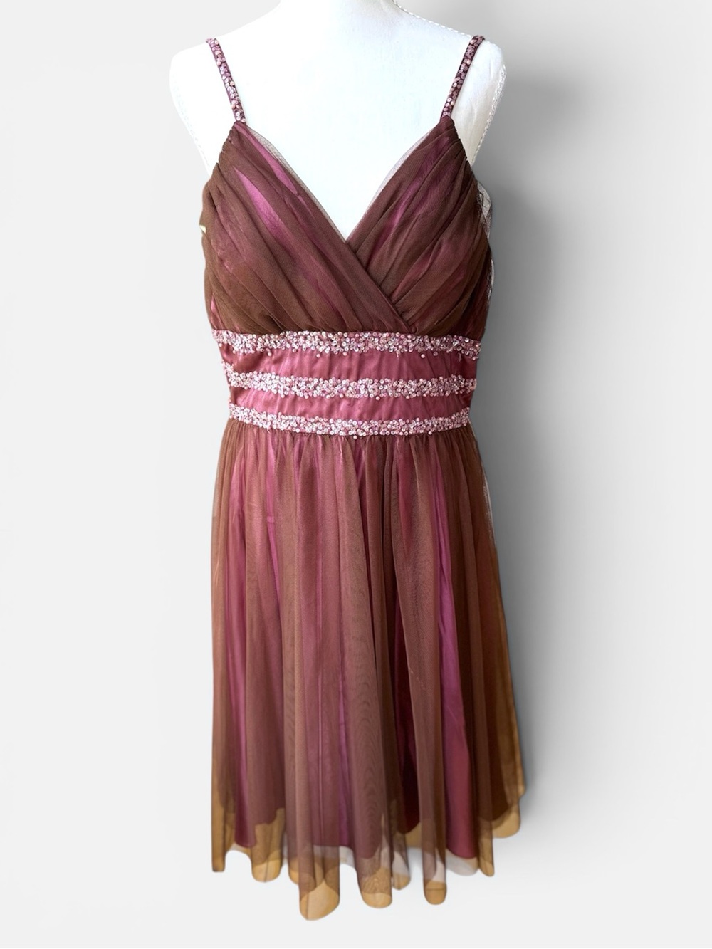 Vintage 90s JS Boutique Pink Brown Beaded Pearls Tulle Midi Dress Sz 14